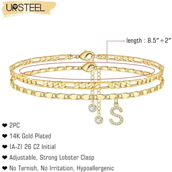 Ankle Bracelets for Women,14K Gold Plated Dainty Layered Chain CZ Initial Anklet - Picture 2 of 7